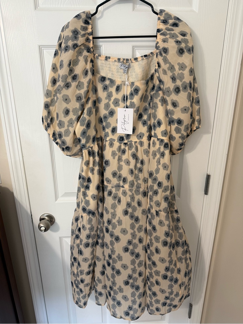 Polagram Floral Puff-Sleeve Midi Dress in Cream & Blue 3X